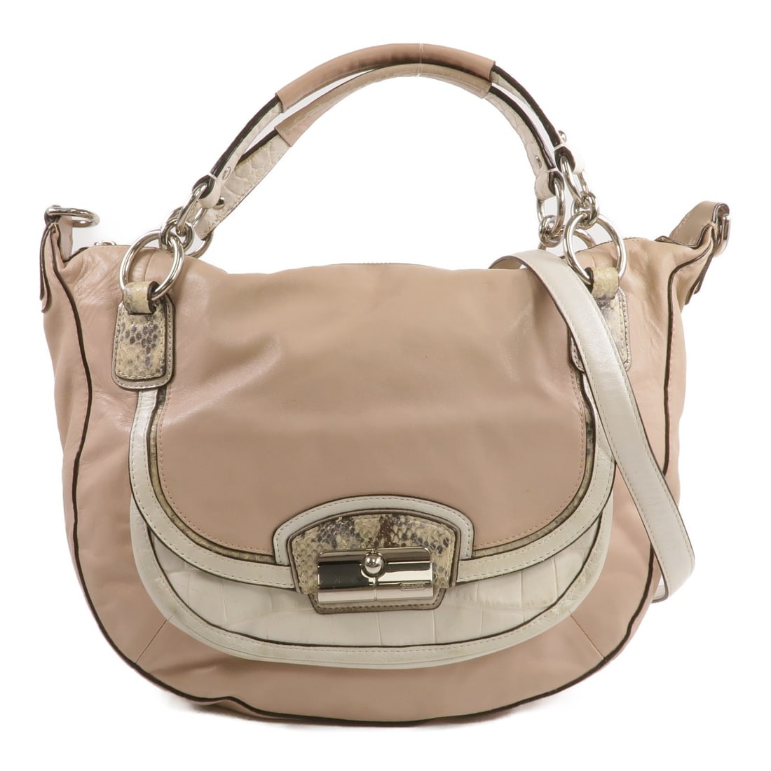 Pink and White Coach Calfskin Embossed 2way Shoulder Bag B1220-19307: Pink and White Coach Calfskin Embossed 2way Shoulder Bag B1220-19307 This COACH 2-way shoulder bag is crafted from embossed calfskin leather in pink and white. Featuring a regular size and practical d