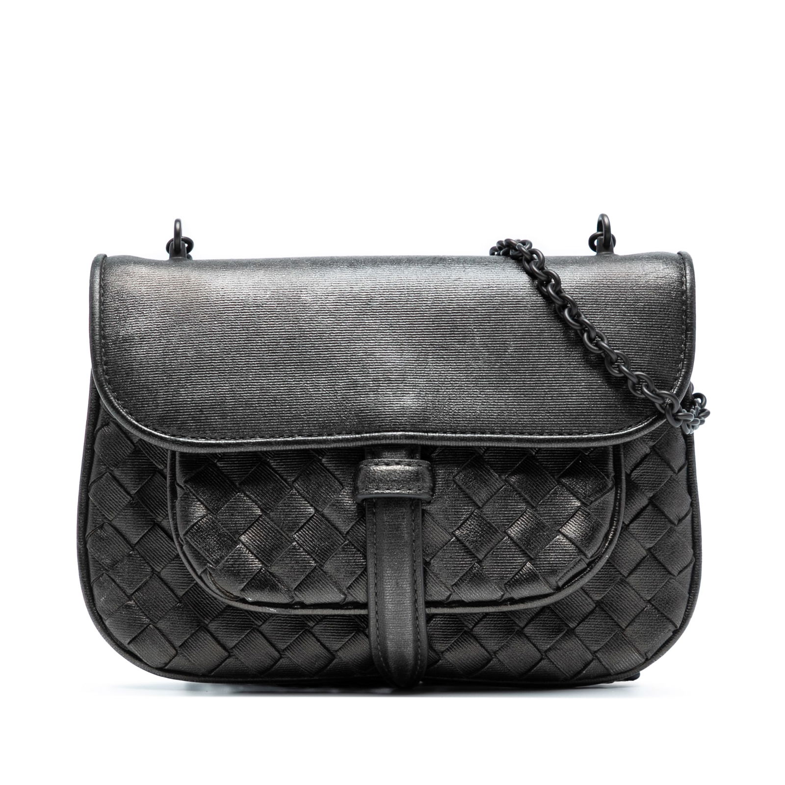 Bottega Veneta Silver Woven Leather Mini Crossbody Bag with Chain Strap (1 of 7)