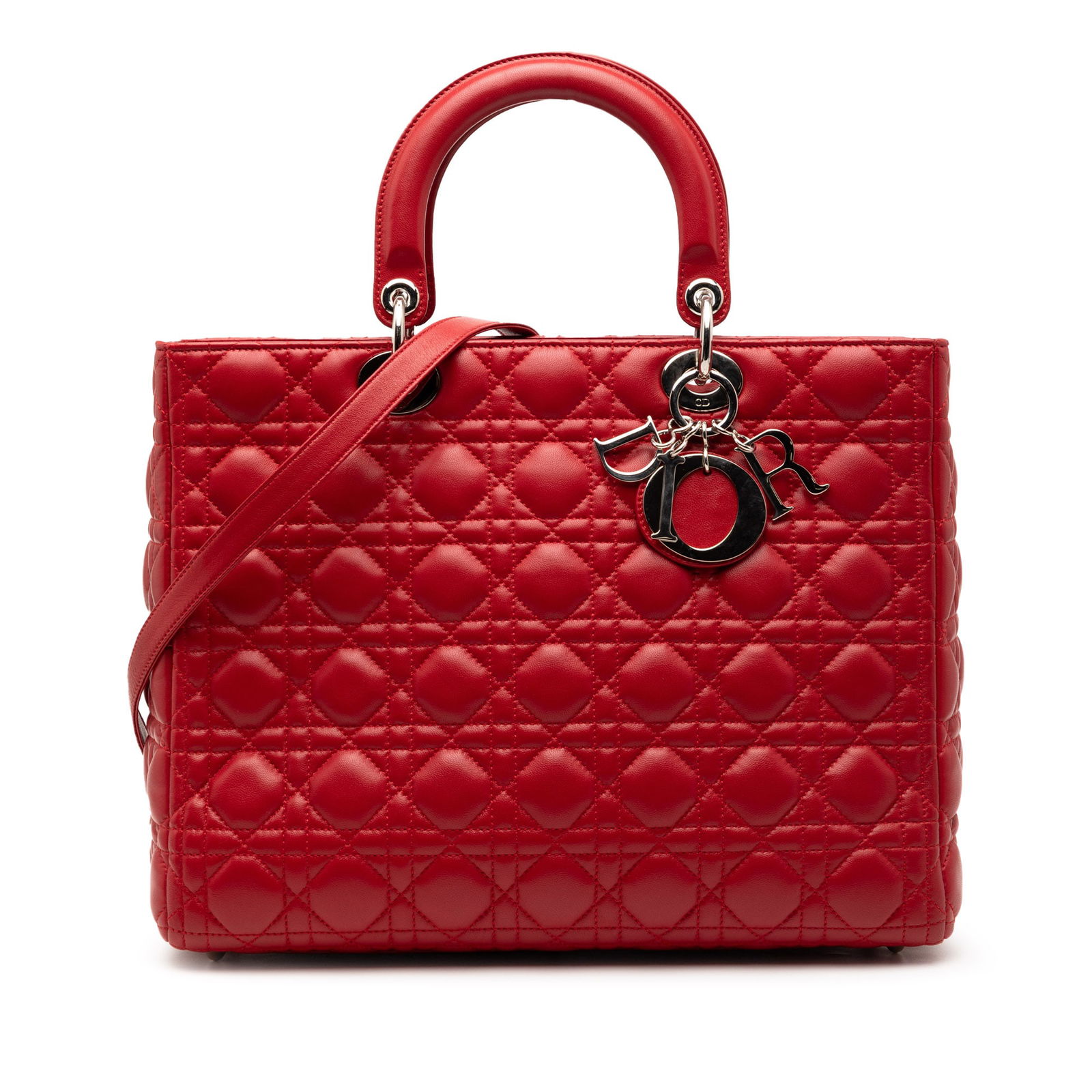 Dior Lady Dior Large Red Cannage Quilted Lambskin Leather Tote Bag (1 of 7)