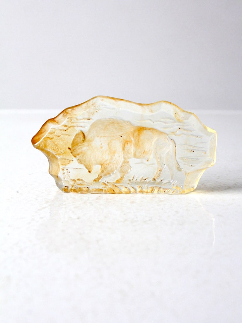 Rustic Vintage Resin Paperweight with Grazing Bison 6.625 inch: Rustic Vintage Resin Paperweight with Grazing Bison 6.625 inch Enhance your workspace with this vintage resin paperweight that features a beautifully detailed grazing bison. The piece showcases a natu