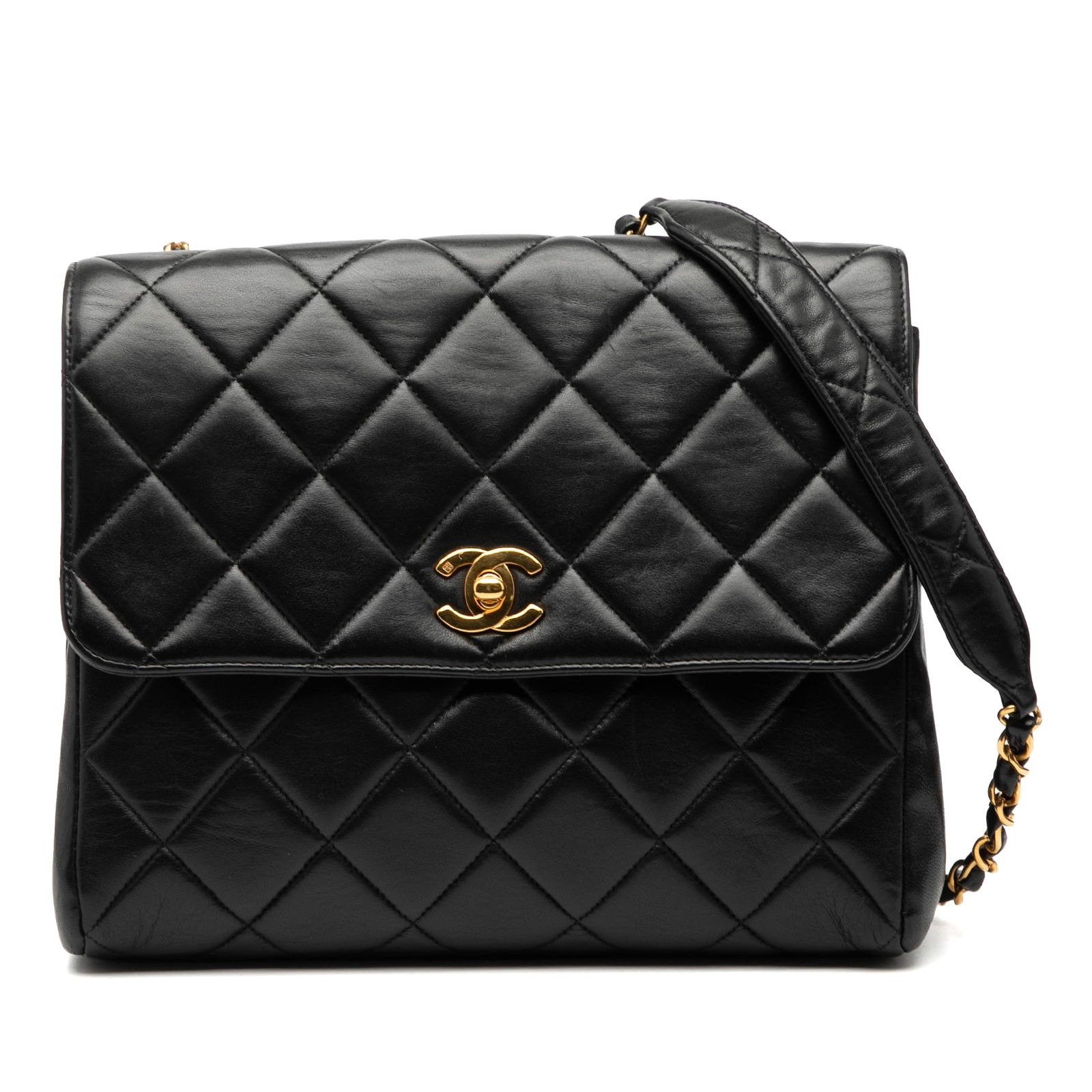 Black Quilted Lambskin Chanel Small Square Flap Bag with Gold Chain Strap: Black Quilted Lambskin Chanel Small Square Flap Bag with Gold Chain Strap This Chanel Small Square Flap Bag features a quilted lambskin leather exterior in black, complemented by a gold-tone chain lin