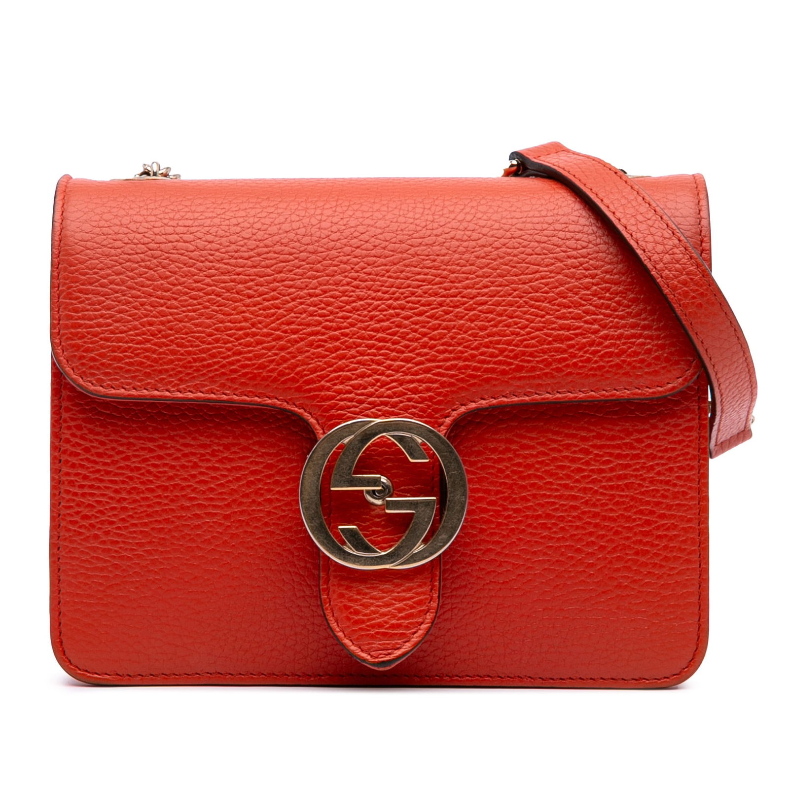 Gucci Orange Calfskin Interlocking G Small Dollar Crossbody Bag: Gucci Orange Calfskin Interlocking G Small Dollar Crossbody Bag Elevate your accessory game with the Gucci Small Dollar Calfskin Interlocking G Crossbody. This stylish bag is crafted from high-quality