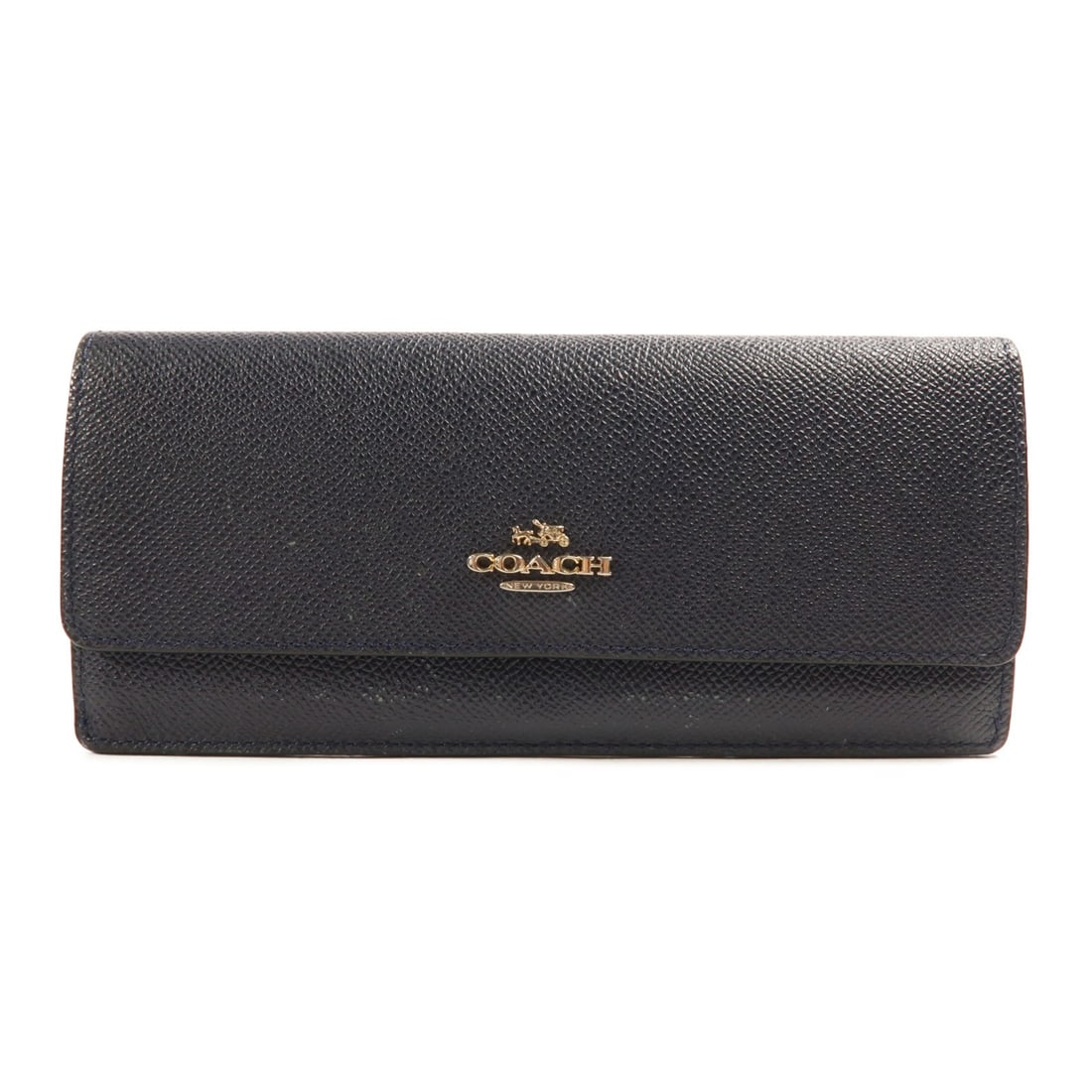 COACH Navy Blue Calfskin Leather Bifold Wallet GHW: COACH Navy Blue Calfskin Leather Bifold Wallet GHW This elegant bifold purse from COACH is crafted from high-quality calfskin leather, showcasing a rich navy blue hue. The wallet features a classic bi