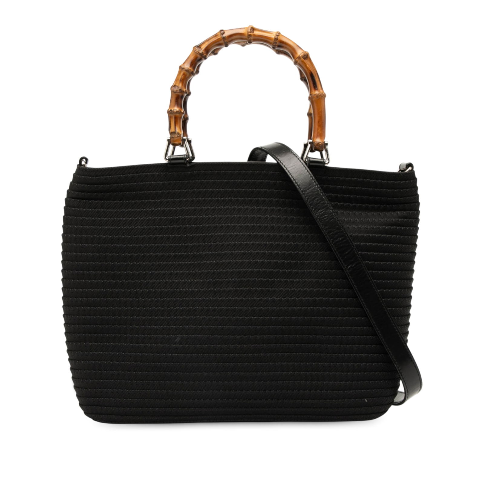 Gucci Nylon Bamboo Satchel Black with Bamboo Handles: Gucci Nylon Bamboo Satchel Black with Bamboo Handles The Gucci Nylon Bamboo Satchel is a stylish and functional bag crafted from durable nylon. It features elegant bamboo top handles and a detachable