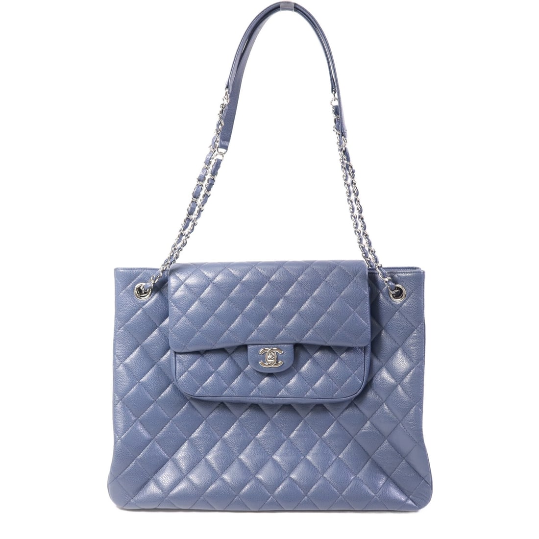 Blue Calfskin Leather Chanel CC Chain Tote Shoulder Bag with Silver Hardware: Blue Calfskin Leather Chanel CC Chain Tote Shoulder Bag with Silver Hardware This CHANEL CC tote bag is crafted from blue calfskin leather and features a chain shoulder strap. Made in France, the bag