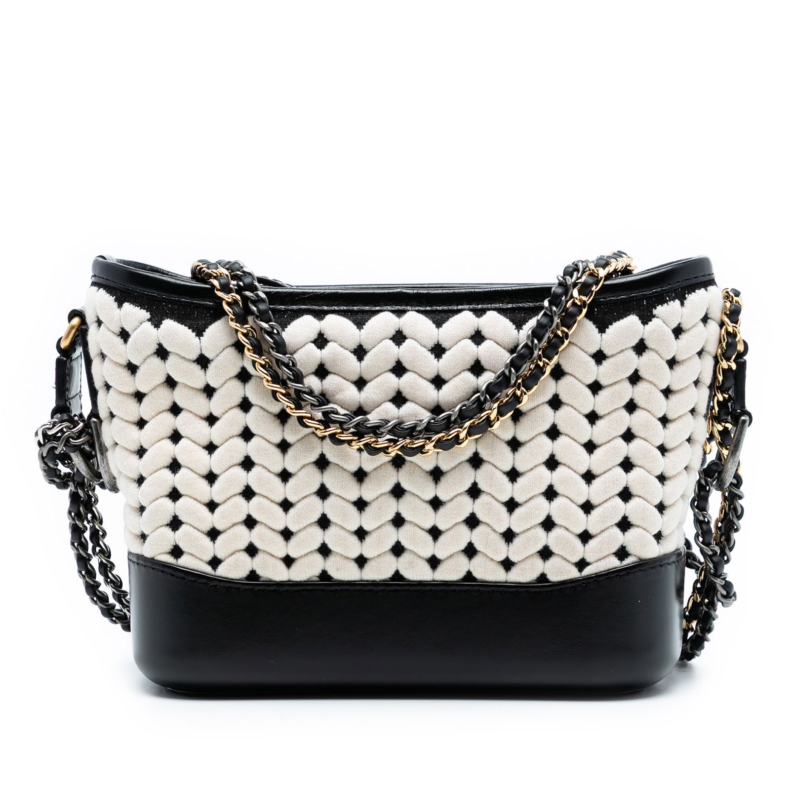 Chanel Gabrielle Small Hobo Bag in Knit Wool and Calf Leather: Chanel Gabrielle Small Hobo Bag in Knit Wool and Calf Leather This Chanel Small Knit and Calfskin Gabrielle Hobo features a black knit wool and calf leather body, a leather-woven chain shoulder strap,