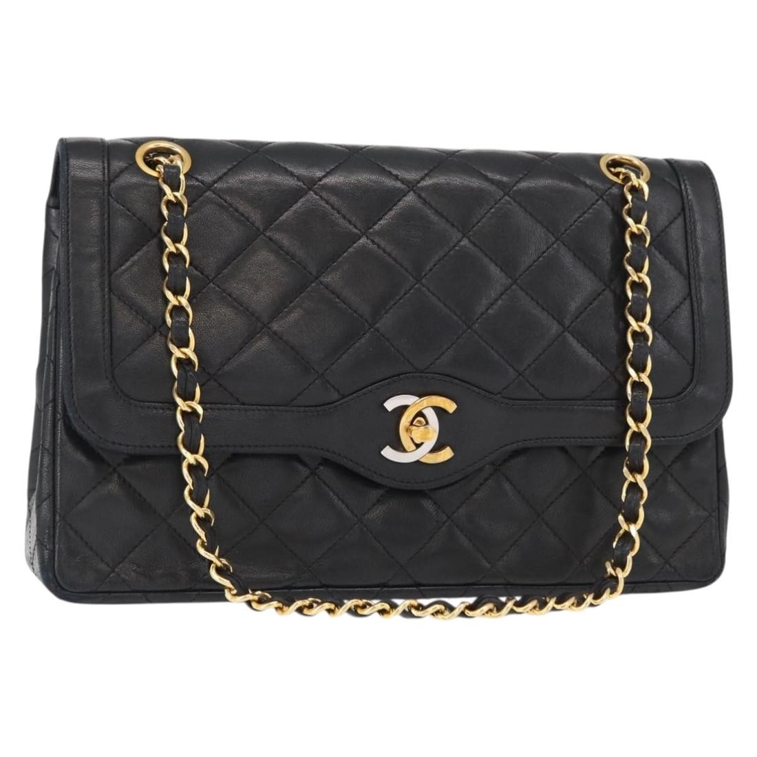 Pre-Owned Chanel Matelasse 25 Black Double Flap Two Tone Shoulder Bag: Pre-Owned Chanel Matelasse 25 Black Double Flap Two Tone Shoulder Bag This pre-owned Chanel Matelasse 25 Double Flap bag features a classic two-tone design in black. It is a shoulder bag designed for