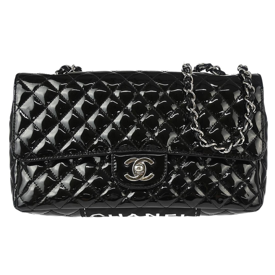 Chanel Black Patent Leather Shoulder Bag Turn Lock Closure: Chanel Black Patent Leather Shoulder Bag Turn Lock Closure This stylish Chanel Black Patent Leather Single Flap Shoulder Bag effortlessly combines elegance with functionality. Crafted from high-qualit
