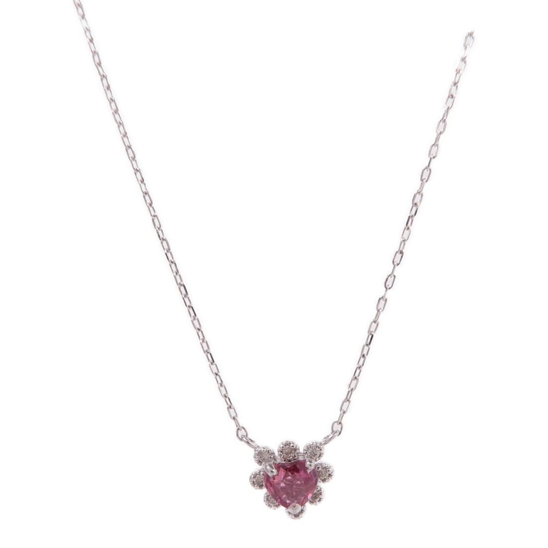Pink Sapphire Diamond Necklace in 18K White Gold by JEWELRY: Pink Sapphire Diamond Necklace in 18K White Gold by JEWELRY This exquisite necklace showcases a stunning pink sapphire set in luxurious 18K white gold. The elegant design features a beautiful pink hue