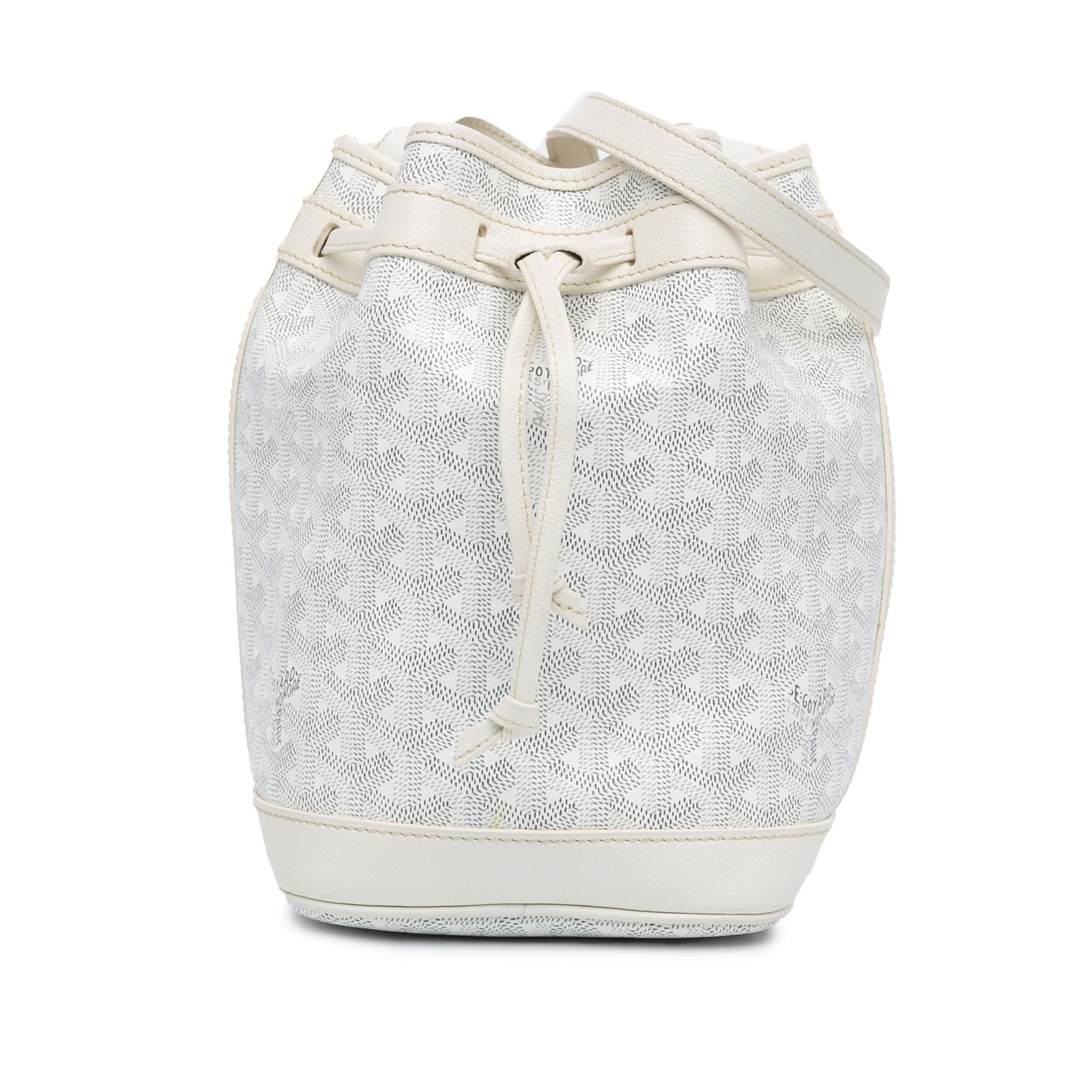Goyardine Petit Flot White Bucket Bag with Leather Trim: Goyardine Petit Flot White Bucket Bag with Leather Trim Introducing the Goyardine Petit Flot, an elegant bucket bag designed for style and functionality. This exquisite piece features a durable coated