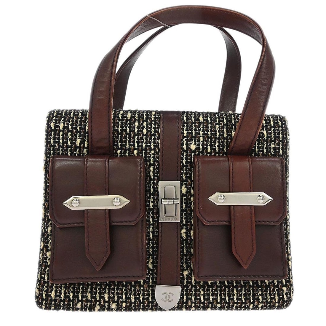 Small Mademoiselle Lock Brown Tweed Leather Top Handle Bag by Chanel (1 of 10)