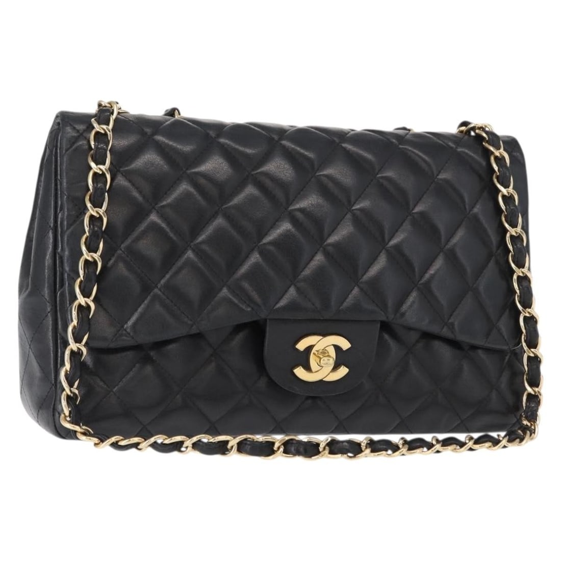 CHANEL Matelasse 30 Shoulder Bag Lamb Skin Black Gold Auth: CHANEL Matelasse 30 Shoulder Bag Lamb Skin Black Gold Auth This CHANEL Matelasse 30 Chain Shoulder Bag is crafted from luxurious lambskin in a striking black and gold color scheme. With dimensions of