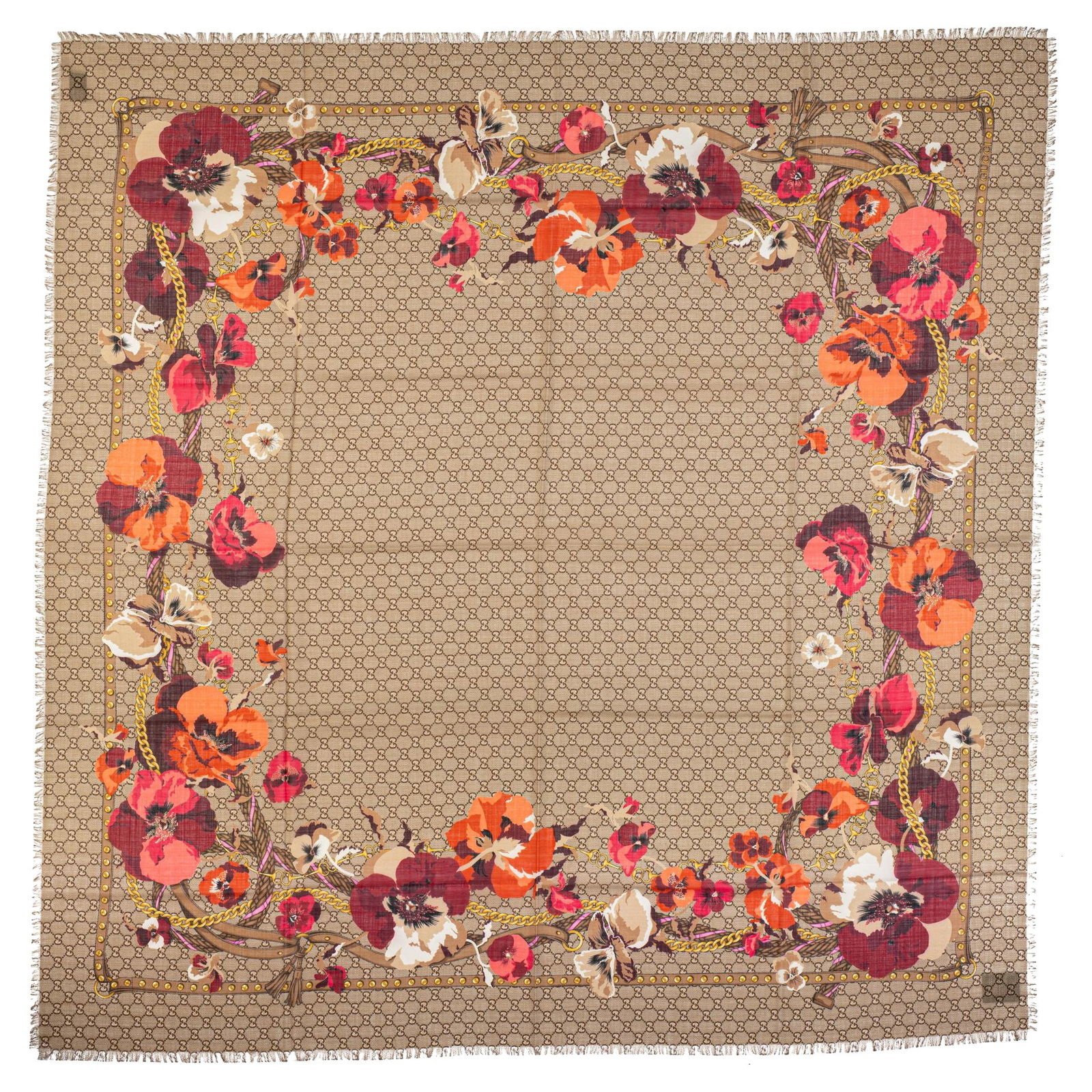 Gucci Monogram Wool Shawl with Red Floral Design 52x52 (1 of 5)