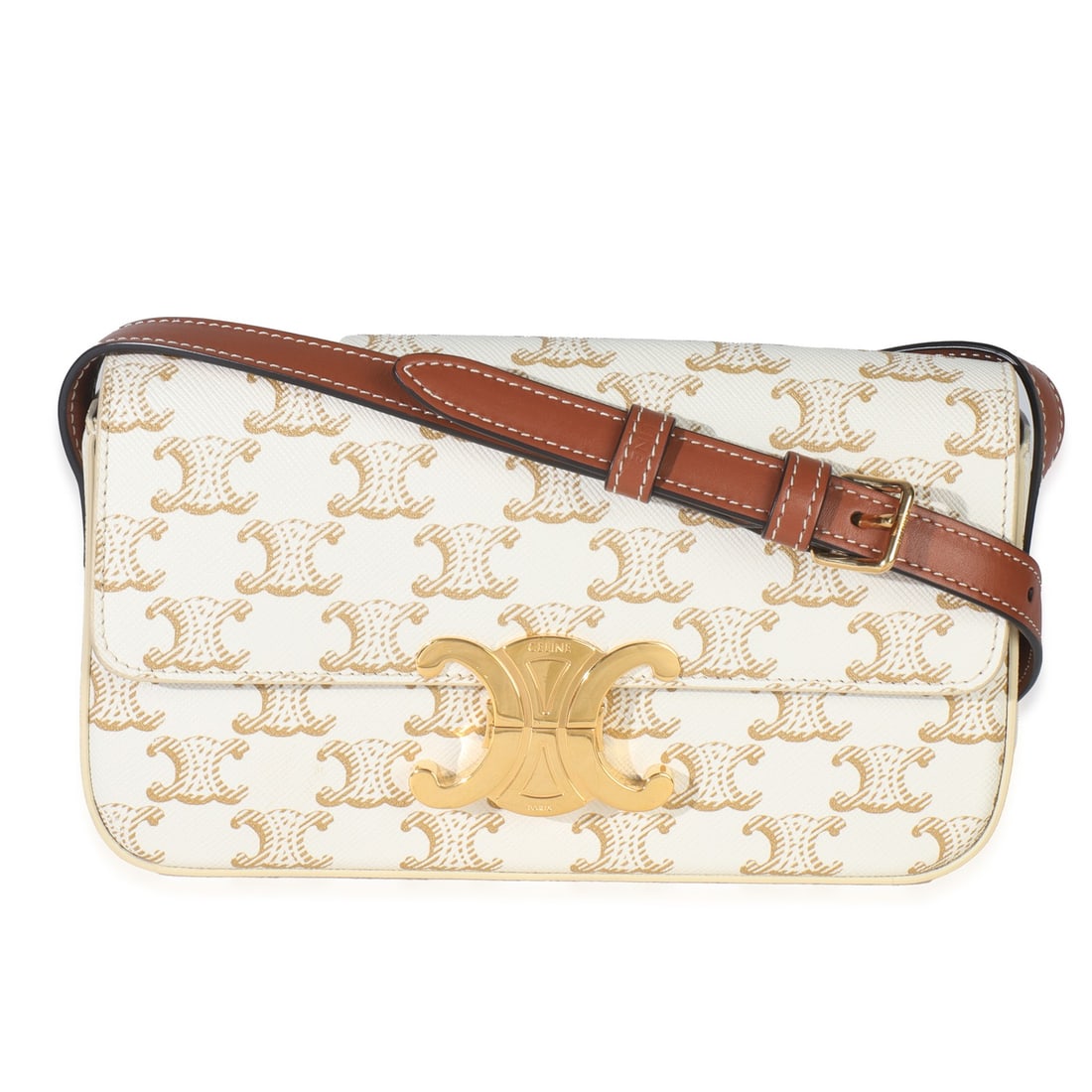 Celine Triomphe Claude Shoulder Bag Tan Calfskin White Canvas: Celine Triomphe Claude Shoulder Bag Tan Calfskin White Canvas This stylish Celine shoulder bag features a tan calfskin and white Triomphe canvas design, perfect for adding a touch of elegance to any o