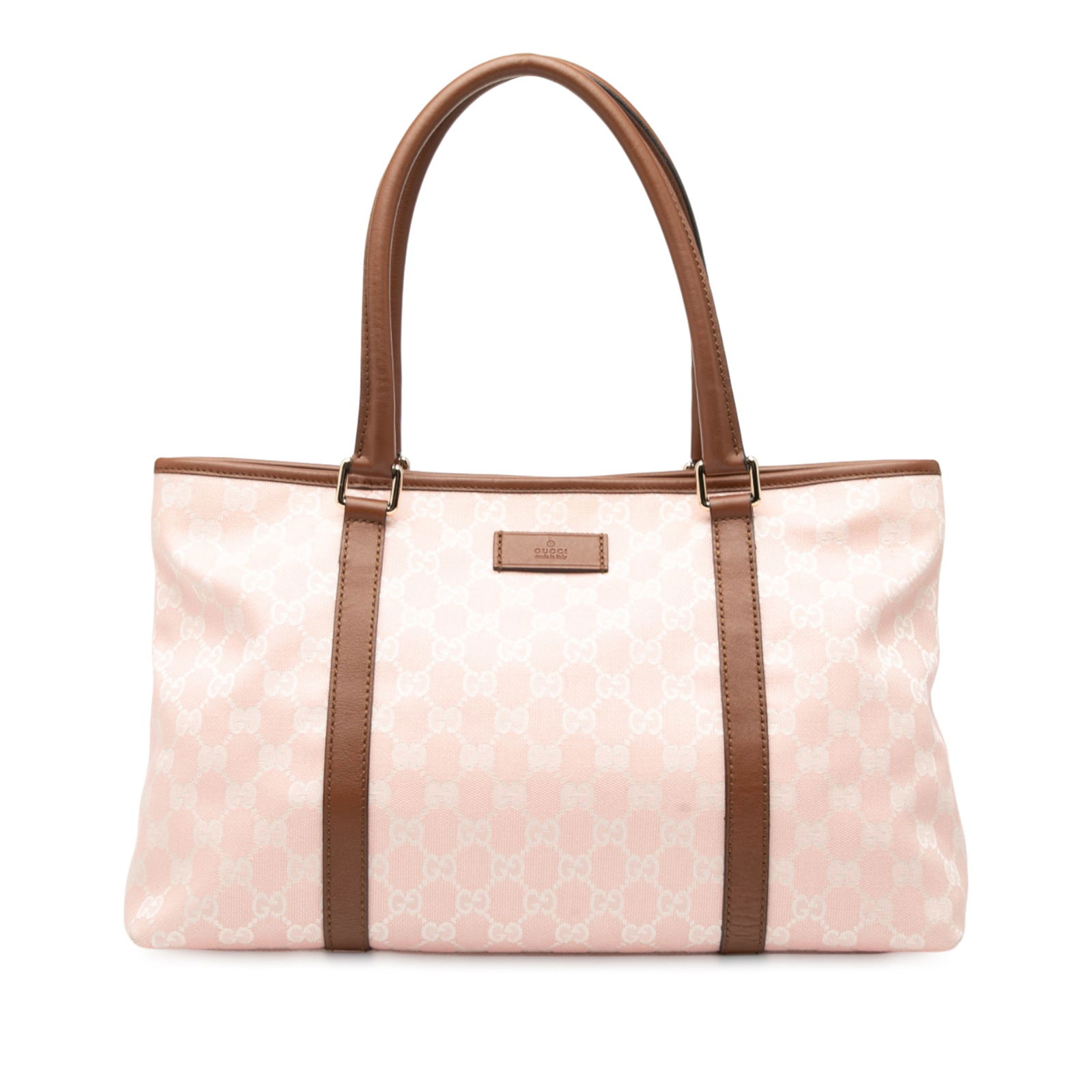 Gucci Pink GG Canvas Tote Bag with Leather Trim: Gucci Pink GG Canvas Tote Bag with Leather Trim This stylish Gucci GG Canvas Tote showcases a durable canvas body complemented by elegant leather trim. The tote features rolled leather straps for comf