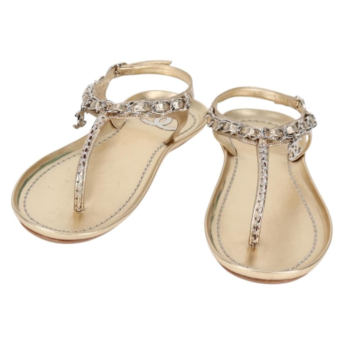 CHANEL Coco Mark Gold Leather Chain Strap Sandals Women Size 9: CHANEL Coco Mark Gold Leather Chain Strap Sandals Women Size 9 Elevate your footwear collection with these exquisite CHANEL COCO Mark Chain Strap Sandals. Crafted from high-quality leather in a luxuri