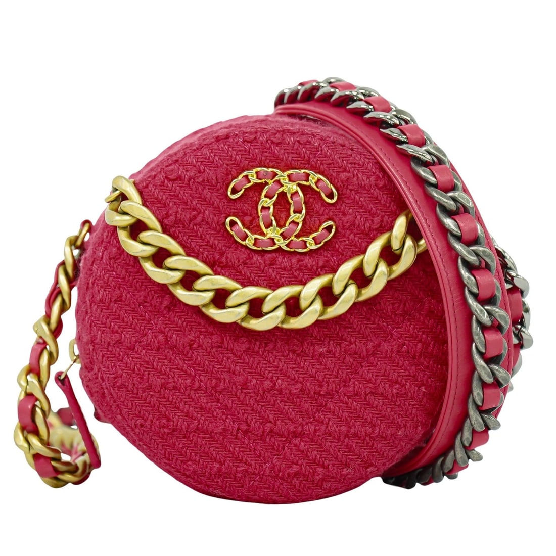 Pink Chanel 19 Chain Round Clutch in Gold and Silver Tones (1 of 1)