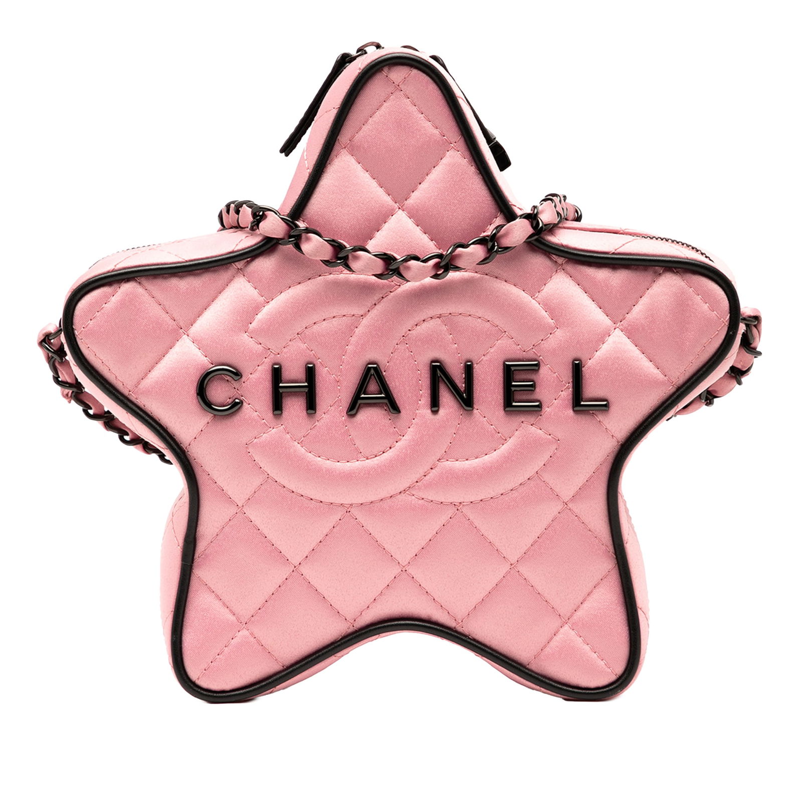 Chanel Walk Of Fame Star Pink Quilted Satin Crossbody Bag: Chanel Walk Of Fame Star Pink Quilted Satin Crossbody Bag This Chanel Quilted Satin Walk Of Fame Star Crossbody bag features a quilted satin body in pink, complemented by a fabric woven chain link str