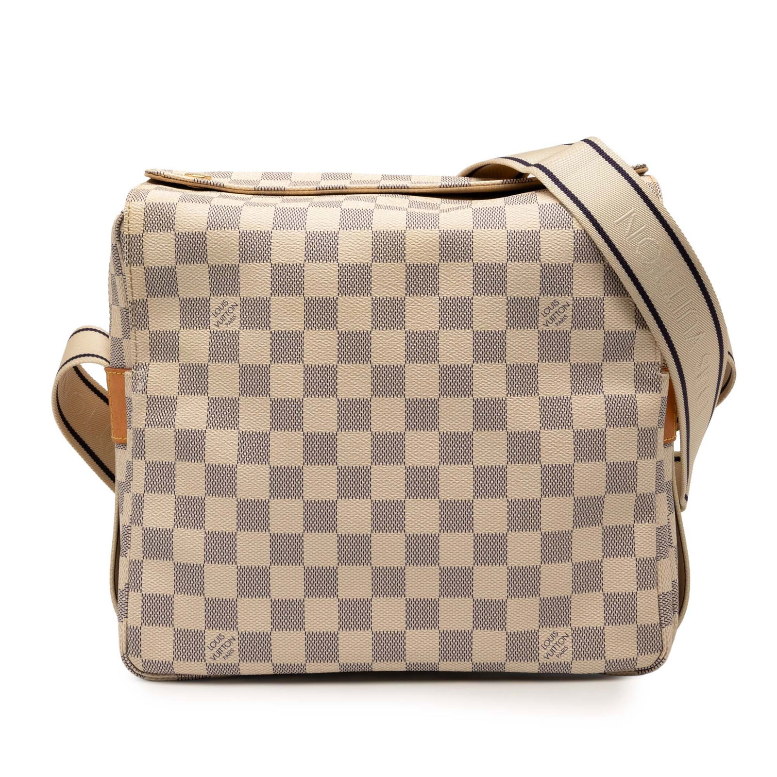 Louis Vuitton Naviglio Crossbody in Damier Azur Canvas with Flap Top: Louis Vuitton Naviglio Crossbody in Damier Azur Canvas with Flap Top The Louis Vuitton Damier Azur Naviglio features a Damier Azur canvas body with an adjustable flat canvas strap, a flap top with sna