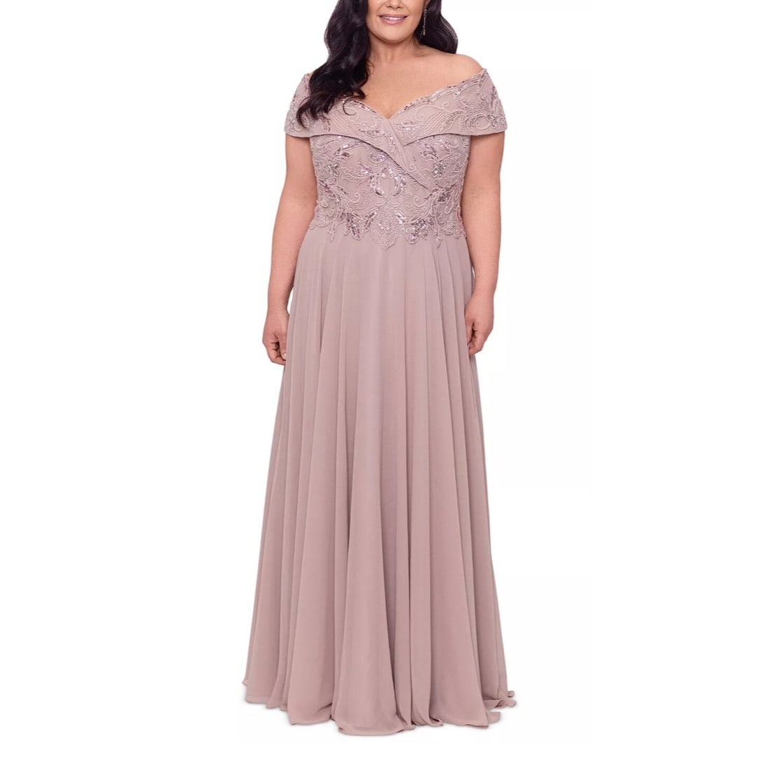 XSCAPE Plus Size Beaded Off-Shoulder Gown Taupe 18W: XSCAPE Plus Size Beaded Off-Shoulder Gown Taupe 18W This exquisite beaded gown from XSCAPE is designed for the elegant occasion. Featuring a floral pattern, short sleeves, and an off-the-shoulder neck