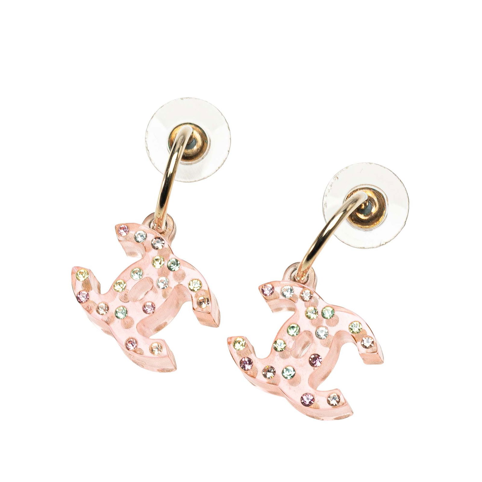 Chanel Pink Resin Crystal CC Earrings with Gold Tone: Chanel Pink Resin Crystal CC Earrings with Gold Tone Enhance your accessory collection with these stunning Chanel Resin Crystal CC Push Back Earrings. Featuring a gold tone body adorned with a pink re