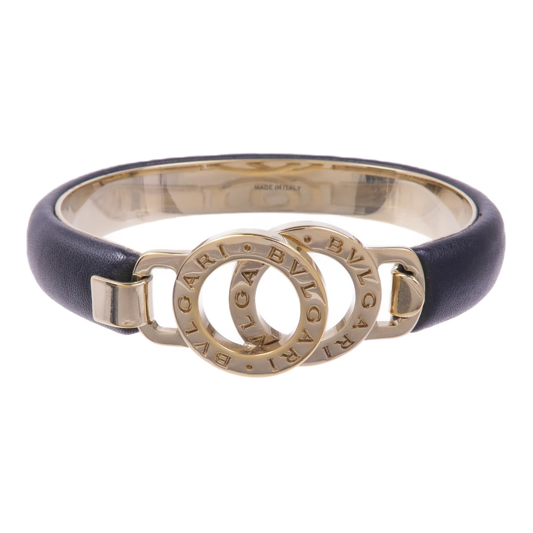 BVLGARI Interlocking Circles Black Leather Cuff Bracelet: BVLGARI Interlocking Circles Black Leather Cuff Bracelet Introducing the BVLGARI Interlocking Circles Cuff Bracelet, a stunning blend of elegance and modern design. This bracelet features a sleek blac