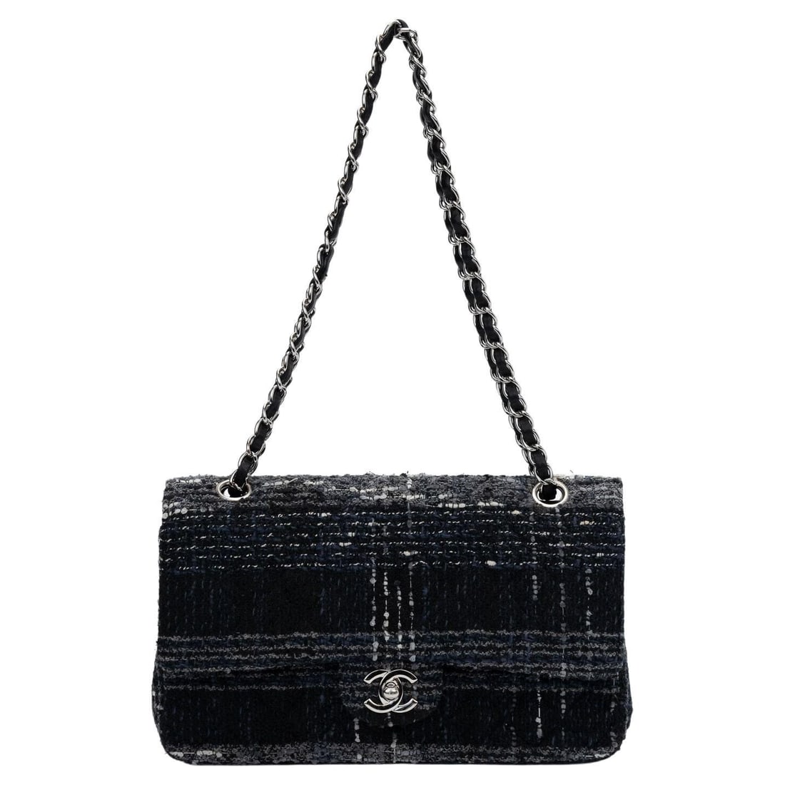 Chanel Black Blue Tweed Double Flap Bag with Hologram 10": Chanel Black Blue Tweed Double Flap Bag with Hologram 10" This exquisite Chanel Black and Blue Tweed Double Flap bag combines timeless elegance with modern functionality. Crafted from luxurious tweed,