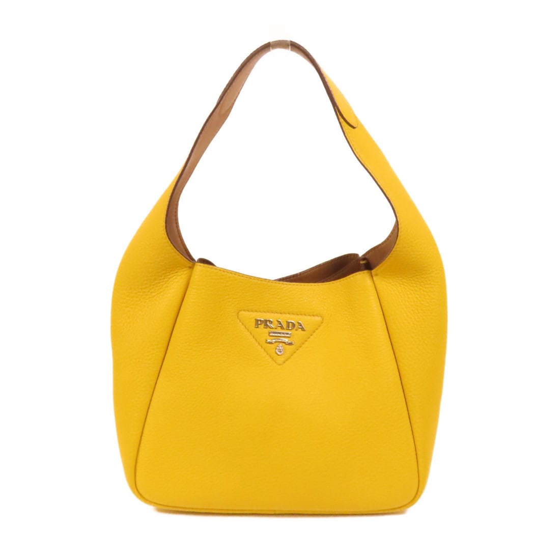 Yellow Calfskin Hobo Shoulder Bag by PRADA: Yellow Calfskin Hobo Shoulder Bag by PRADA This Prada hobo handbag is crafted from calfskin leather in a vibrant yellow color. Made in Italy, it features a regular size and offers a stylish and practi