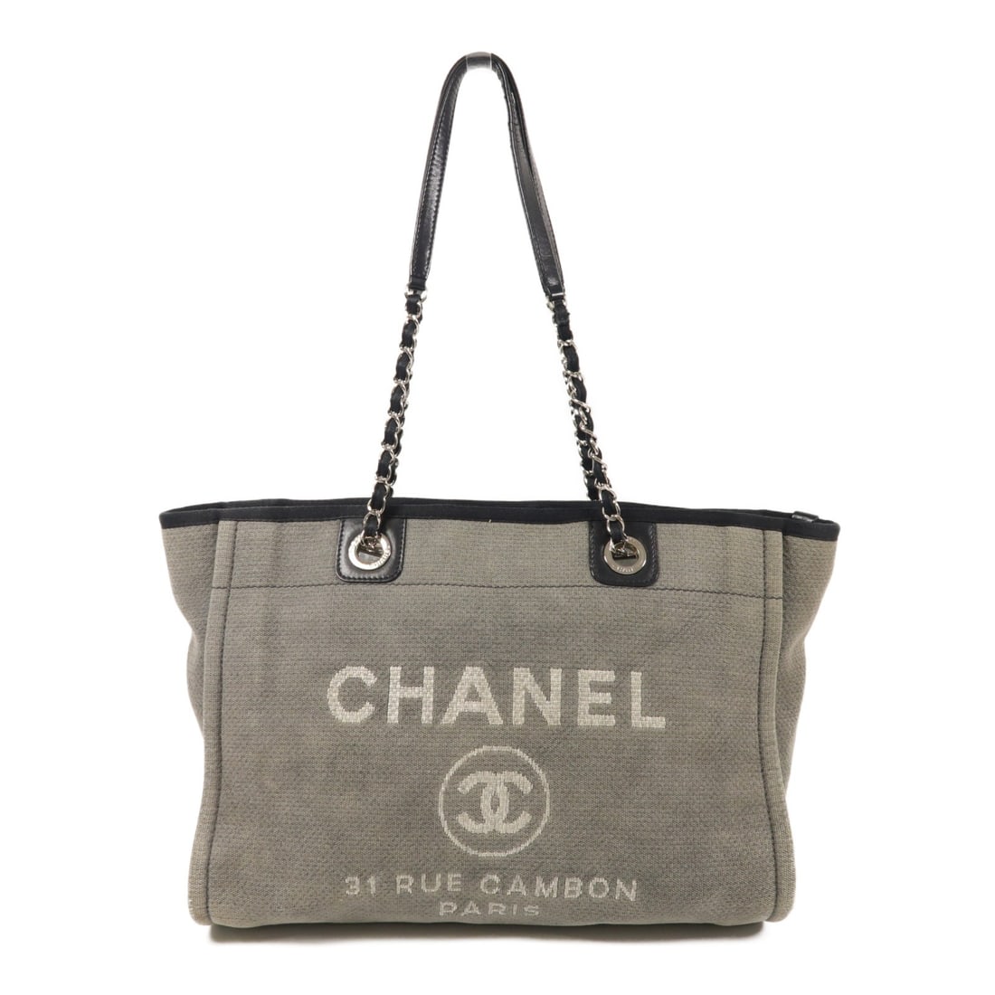 CHANEL Deauville Tote Shoulder Bag Gray Canvas SHW (1 of 17)