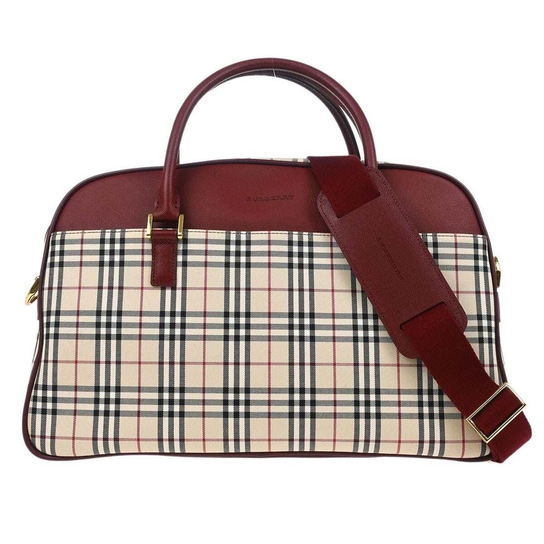 Burberry Check Beige and Red 2-Way Handbag with Gold Hardware: Burberry Check Beige and Red 2-Way Handbag with Gold Hardware This stylish Burberry Check 2-way handbag is perfect for casual occasions. Featuring a classic check pattern, it combines functionality wi