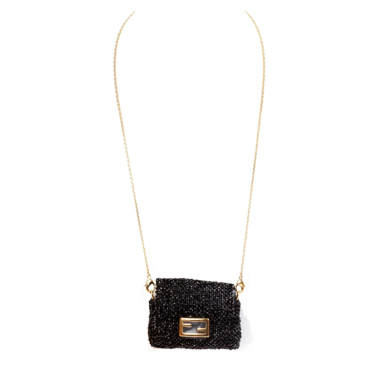 Fendi Micro Baguette Necklace with FF Logo and Adjustable Chain: Fendi Micro Baguette Necklace with FF Logo and Adjustable Chain This stunning Fendi Micro Seabeads Baguette serves as both a chic necklace and an accessory for larger bags. Crafted in Italy, this uniq