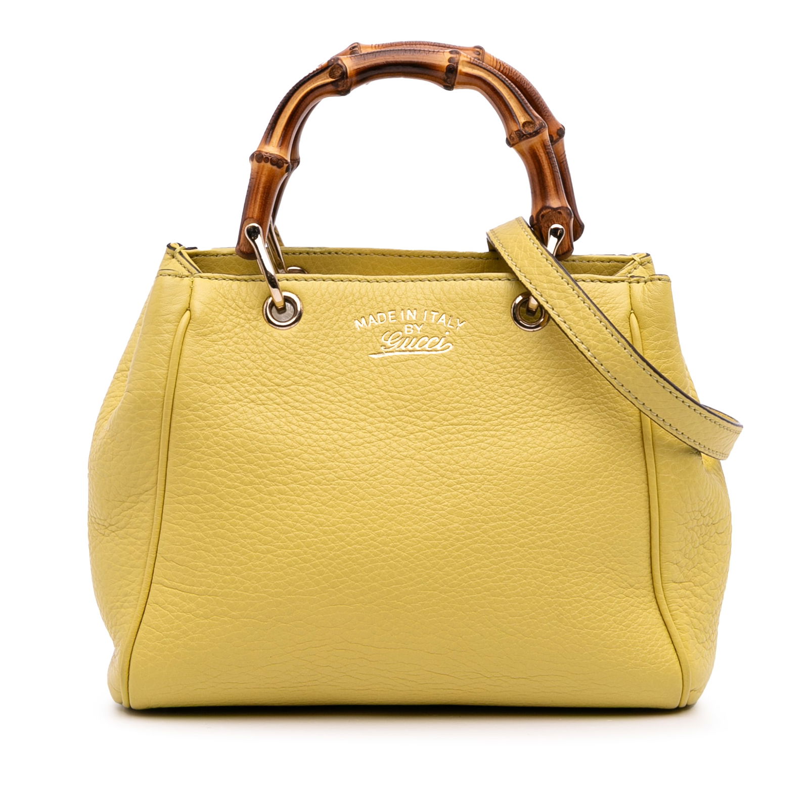 Gucci Mini Calfskin Bamboo Shopper Satchel Yellow Leather Bag: Gucci Mini Calfskin Bamboo Shopper Satchel Yellow Leather Bag The Gucci Mini Calfskin Bamboo Shopper Satchel is a stylish and functional bag crafted from high-quality leather. It features elegant bamb