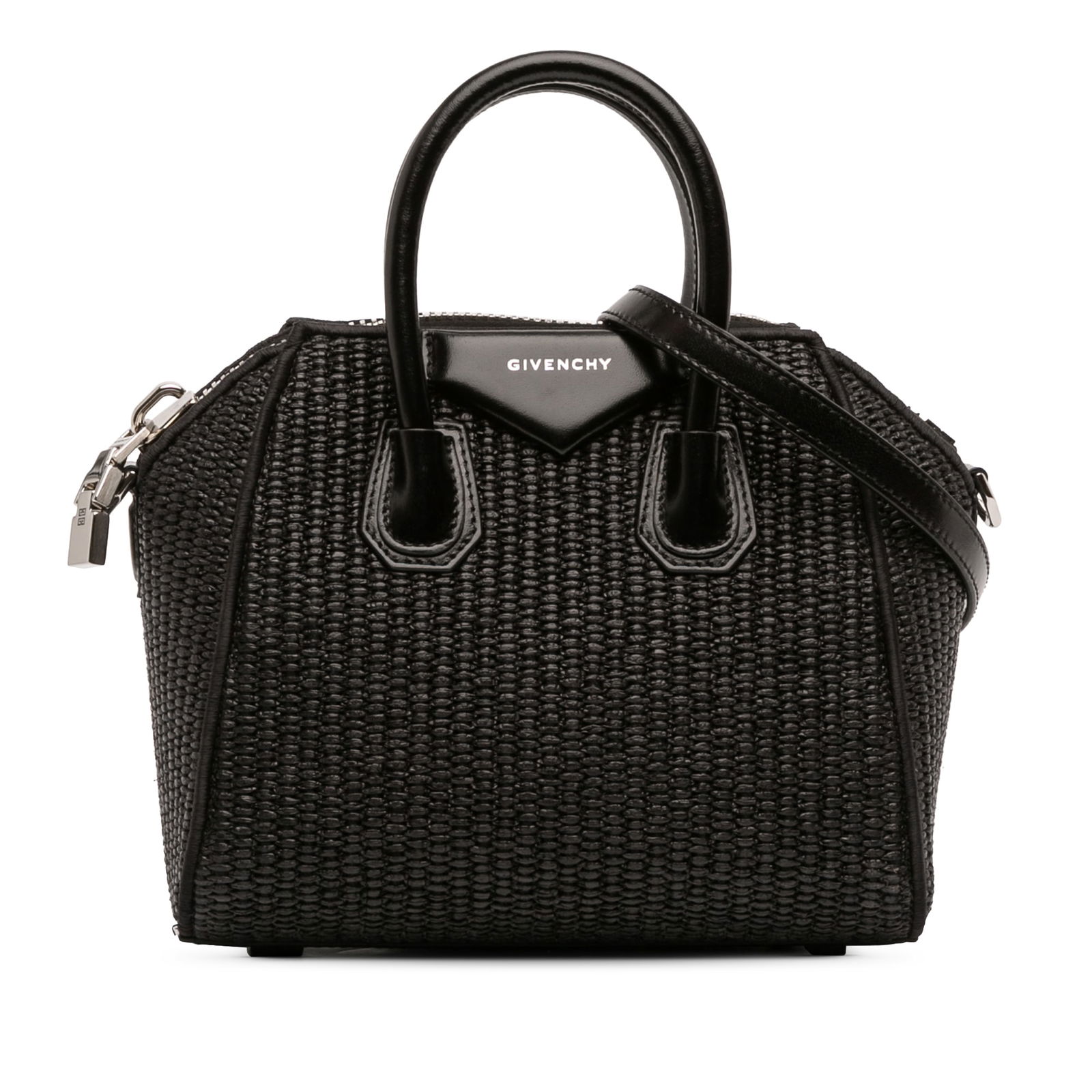 Mini Antigona Satchel in Raffia with Leather Handles by Givenchy: Mini Antigona Satchel in Raffia with Leather Handles by Givenchy This Givenchy Mini Antigona Satchel features a raffia body, rolled leather handles, and a removable flat leather shoulder strap. The ba