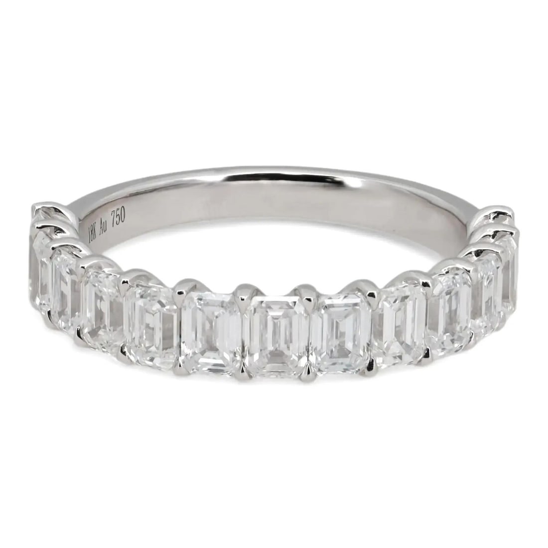 Lab Grown Emerald Cut Diamond Band in 18K White Gold 2.75 Carat Total: Lab Grown Emerald Cut Diamond Band in 18K White Gold 2.75 Carat Total This elegant half eternity band ring showcases 2.75 carats total weight of lab-grown emerald cut diamonds, set in a prong style fo