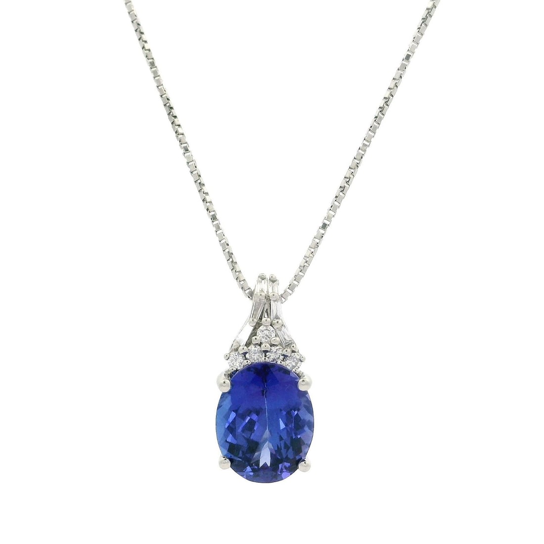 Platinum 3.6ctw Adjustable Tanzanite Diamond Slide Pendant Necklace: Platinum 3.6ctw Adjustable Tanzanite Diamond Slide Pendant Necklace Elevate your jewelry collection with this exquisite Platinum 3.6ctw Oval Tanzanite & Diamond Slide Drop Pendant Adjustable Necklace.