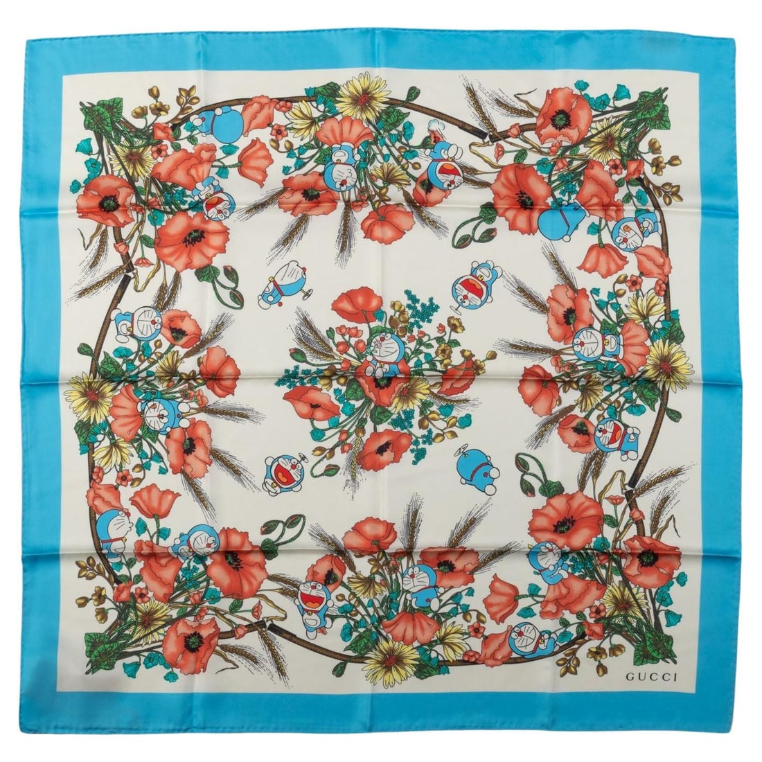 Gucci Limited Edition Doraemon Silk Scarf 35 x 35 Inches Italy: Gucci Limited Edition Doraemon Silk Scarf 35 x 35 Inches Italy Elevate your accessory collection with this limited edition Gucci Doraemon silk scarf. Crafted from luxurious silk, this scarf features a