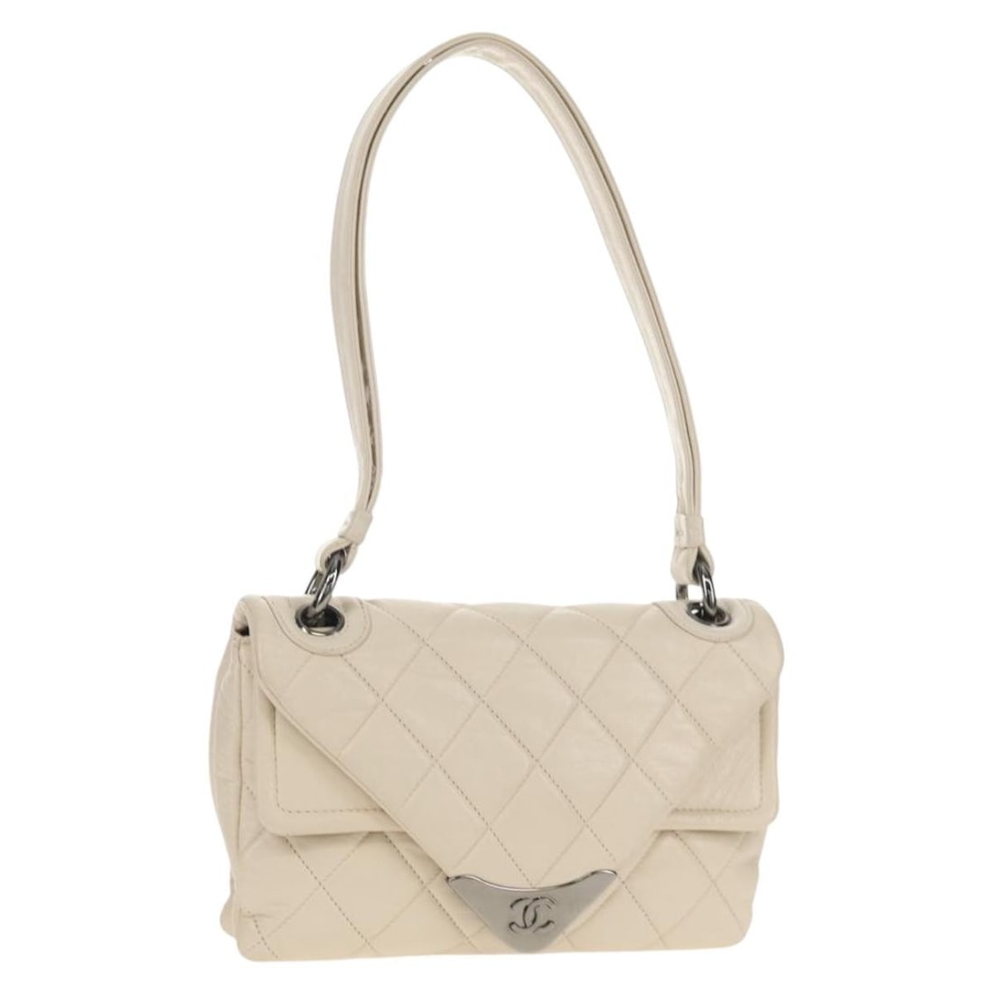 CHANEL White Silver Lamb Skin Shoulder Bag Auth 148619AV (1 of 18)