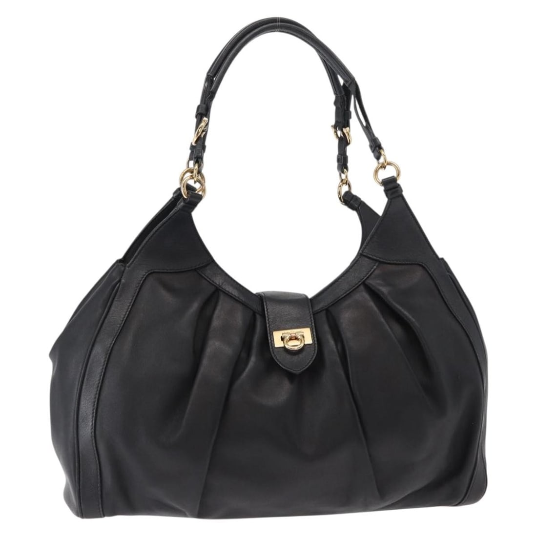 Salvatore Ferragamo Gancini Black Gold Leather Shoulder Bag Auth (1 of 18)