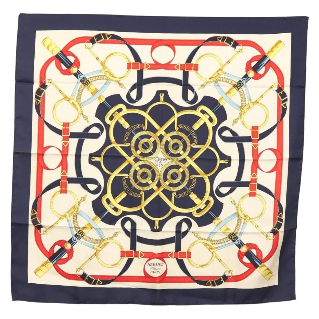 HERMES Eperon d'or Navy Silk Carre 90 Scarf Authentic France (1 of 16)