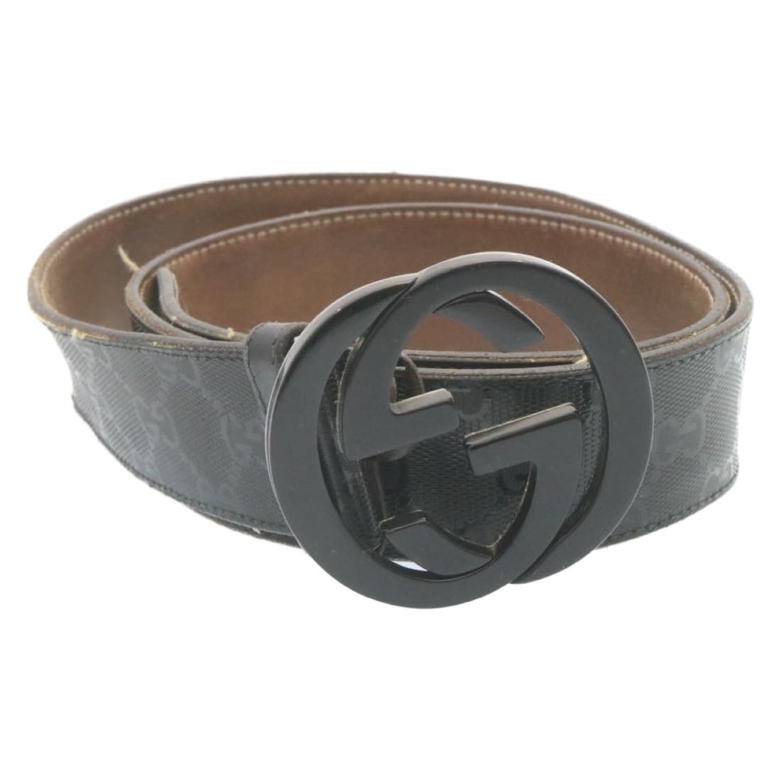 GUCCI GG Canvas Interlocking Belt Black PVC Leather Made in Italy: GUCCI GG Canvas Interlocking Belt Black PVC Leather Made in Italy This GUCCI GG Canvas Interlocking Belt combines style and practicality, crafted from durable PVC leather in a sleek black color. Desig