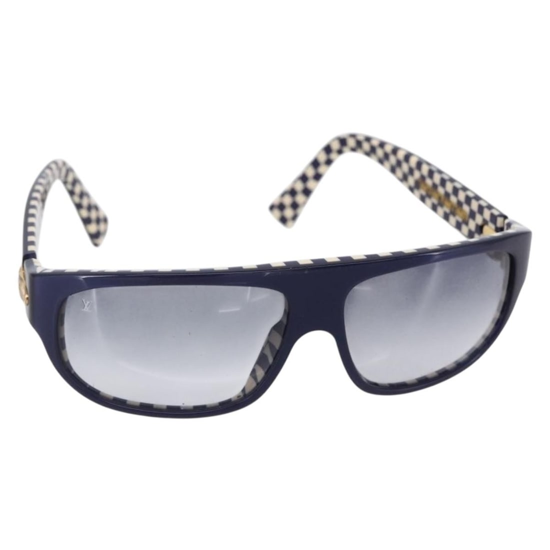 LOUIS VUITTON Damier Navy Sunglasses Z0014E with Case: LOUIS VUITTON Damier Navy Sunglasses Z0014E with Case Experience the luxury of LOUIS VUITTON with these stylish Damier sunglasses. Crafted from durable plastic in a sophisticated navy color, these sun