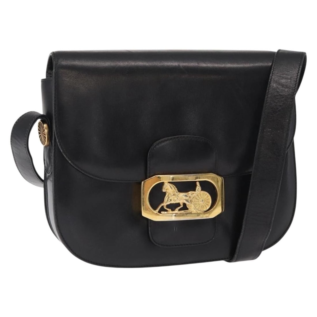 Vintage Celine Carriage Flap Shoulder Bag Black Leather: Vintage Celine Carriage Flap Shoulder Bag Black Leather This pre-owned Celine vintage Carriage flap shoulder bag is in fair condition, showing significant wear throughout. The bag features rubbing, st