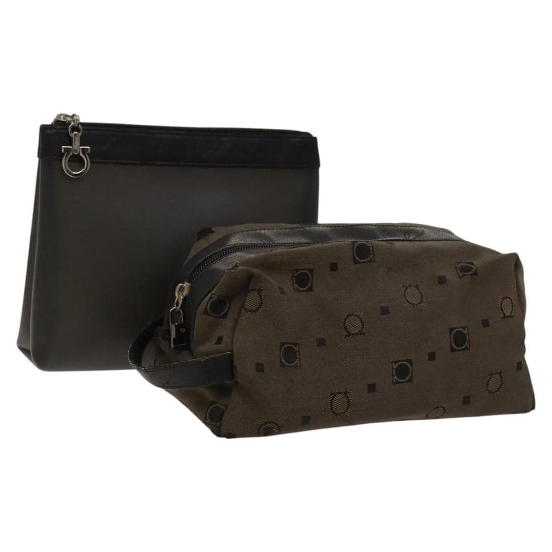 Salvatore Ferragamo Gancini Pouch Leather Canvas Set of 2 Brown Black (1 of 15)