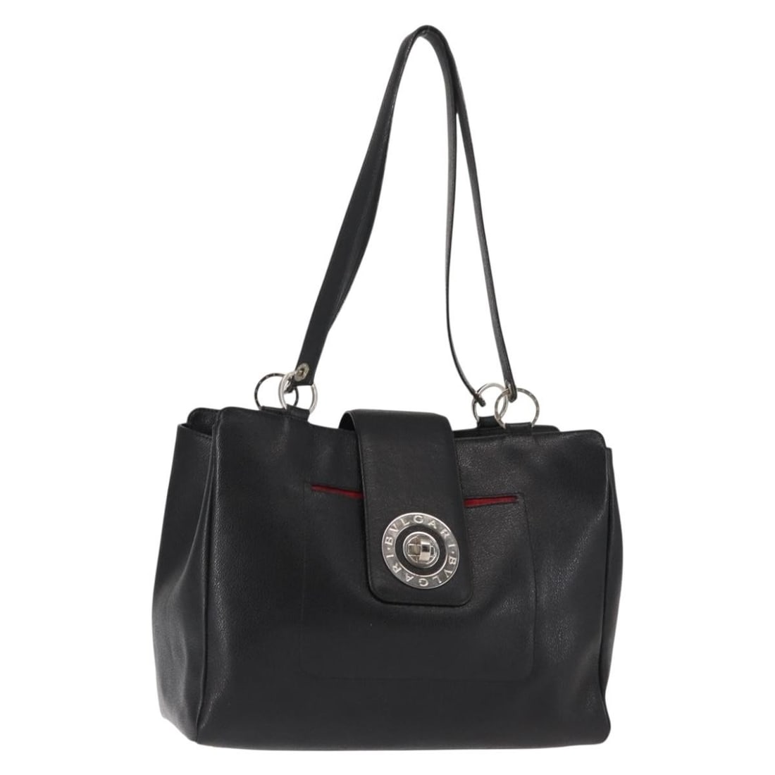 BVLGARI Circle Logo Tote Bag Leather Black Silver Made in Italy: BVLGARI Circle Logo Tote Bag Leather Black Silver Made in Italy This BVLGARI Circle Logo Tote Bag combines luxury and practicality, crafted from high-quality black leather with silver accents. Measuri