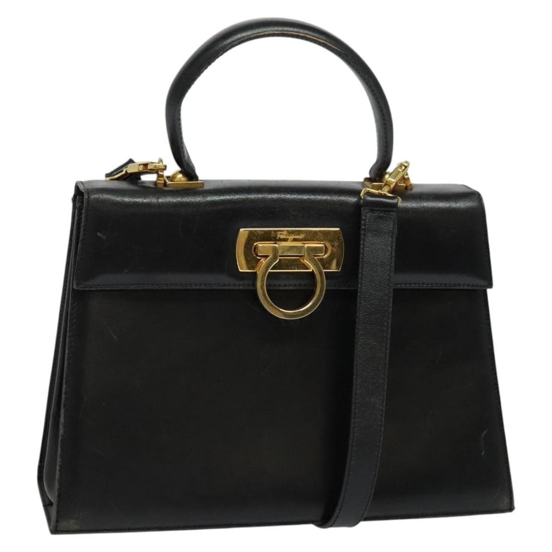 Salvatore Ferragamo Gancini 2-Way Hand Bag Leather Black Gold Auth (1 of 18)