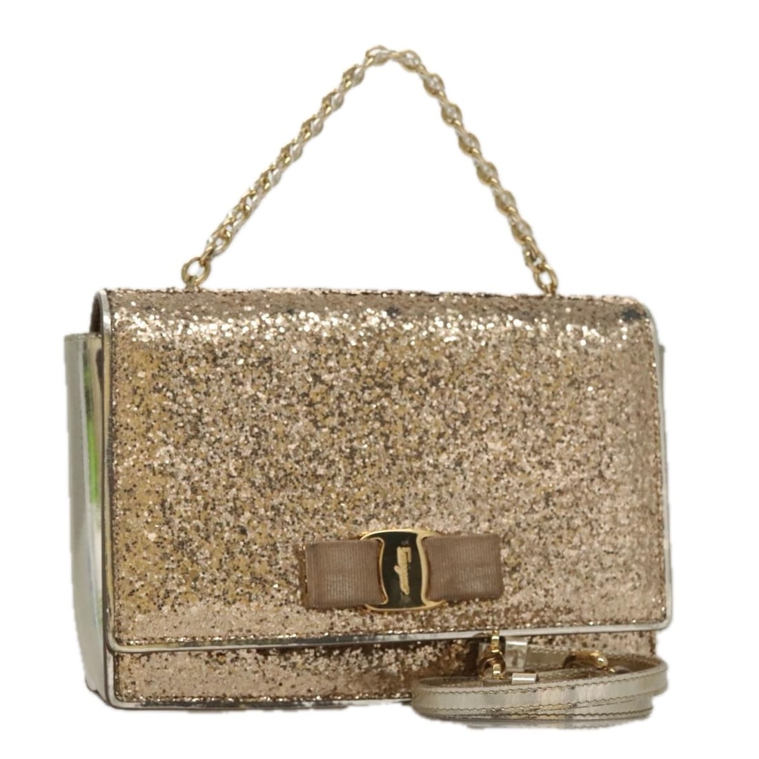 Salvatore Ferragamo Gold Sequin Shoulder Bag 2way Canvas Italy Auth 108329 (1 of 18)