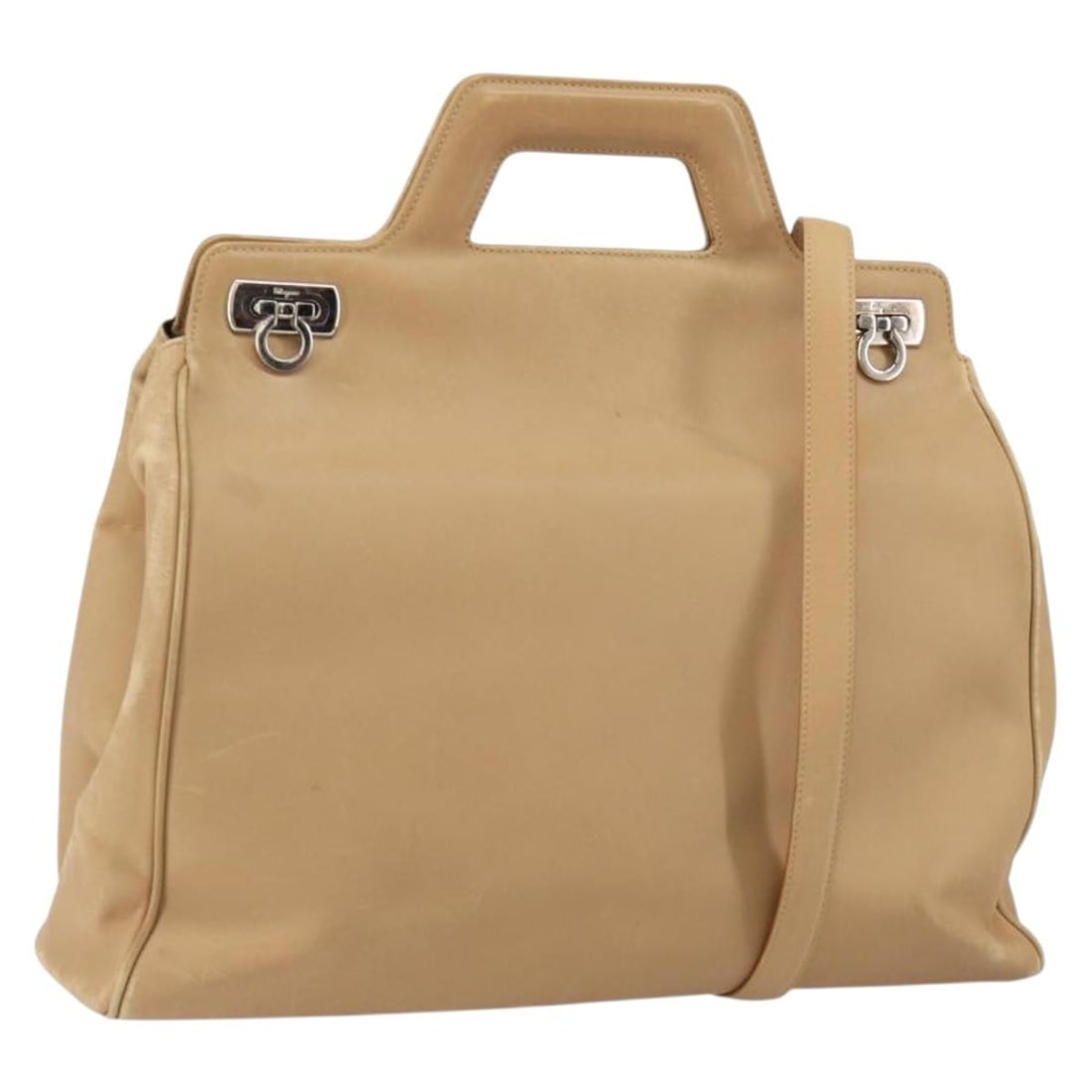 Salvatore Ferragamo Gancini Beige Silver Leather Hand Bag Authentic (1 of 18)