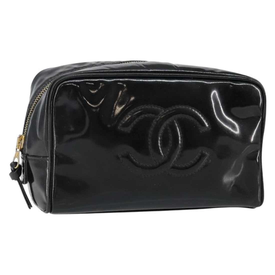CHANEL COCO Mark Black Gold Patent Leather Cosmetic Pouch Auth 4197936 (1 of 18)