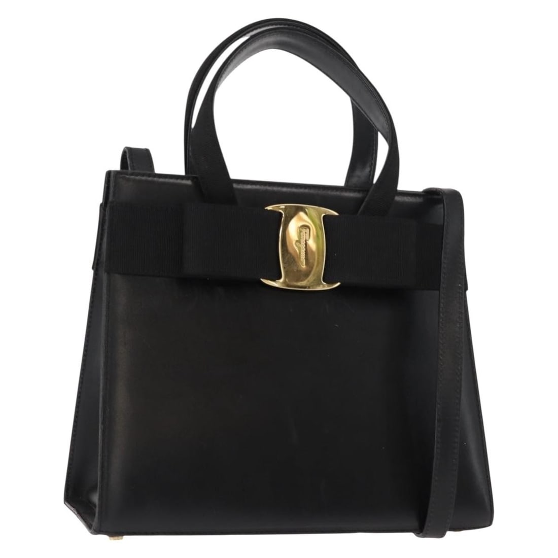 Salvatore Ferragamo Vala Leather Hand Bag Black Gold Auth BA7329 (1 of 18)