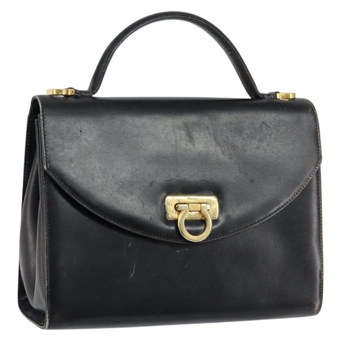 Salvatore Ferragamo Gancini Black Gold Leather Hand Bag Auth 155311 (1 of 18)